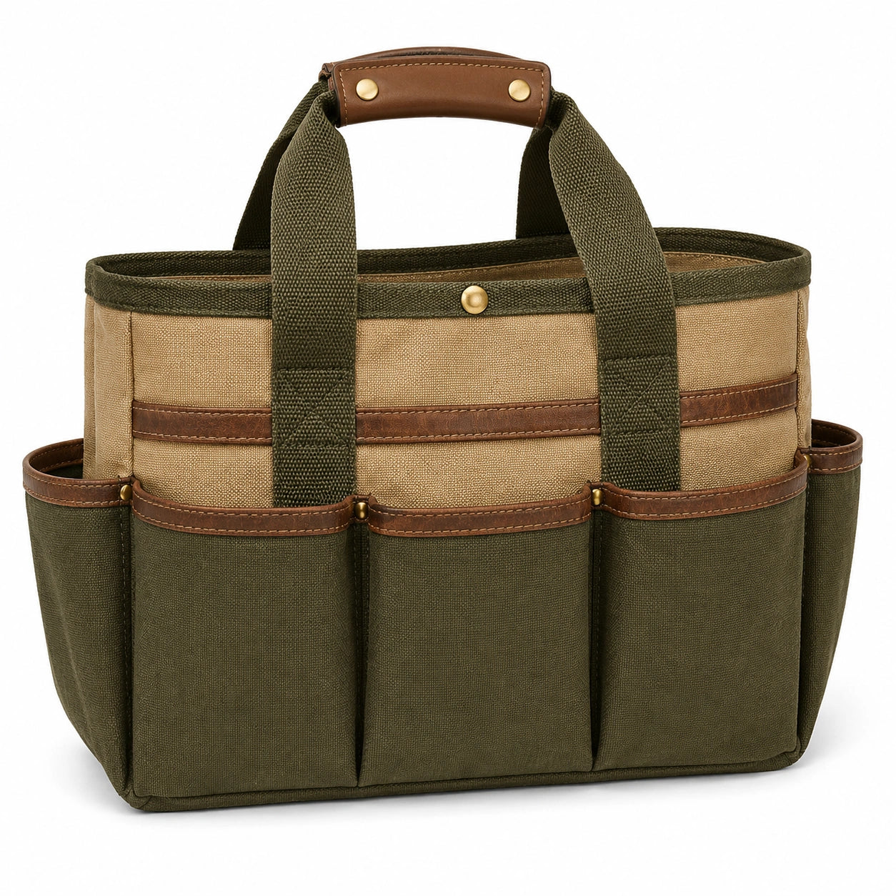 Bolso organizador de herramientas verde y marrón con múltiples bolsillos