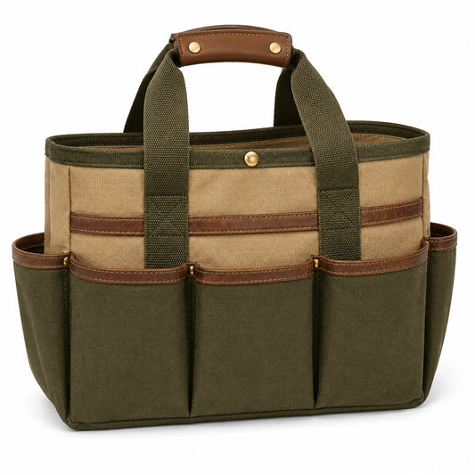 Bolso organizador de herramientas verde y marrón con múltiples bolsillos