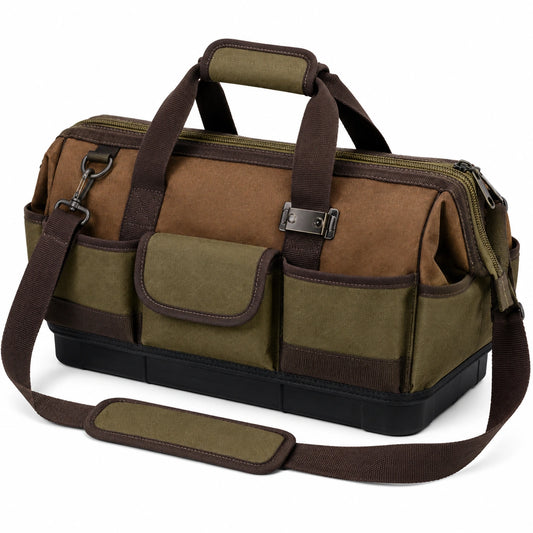 Bolsa de herramientas impermeable verde y marrón con múltiples bolsillos