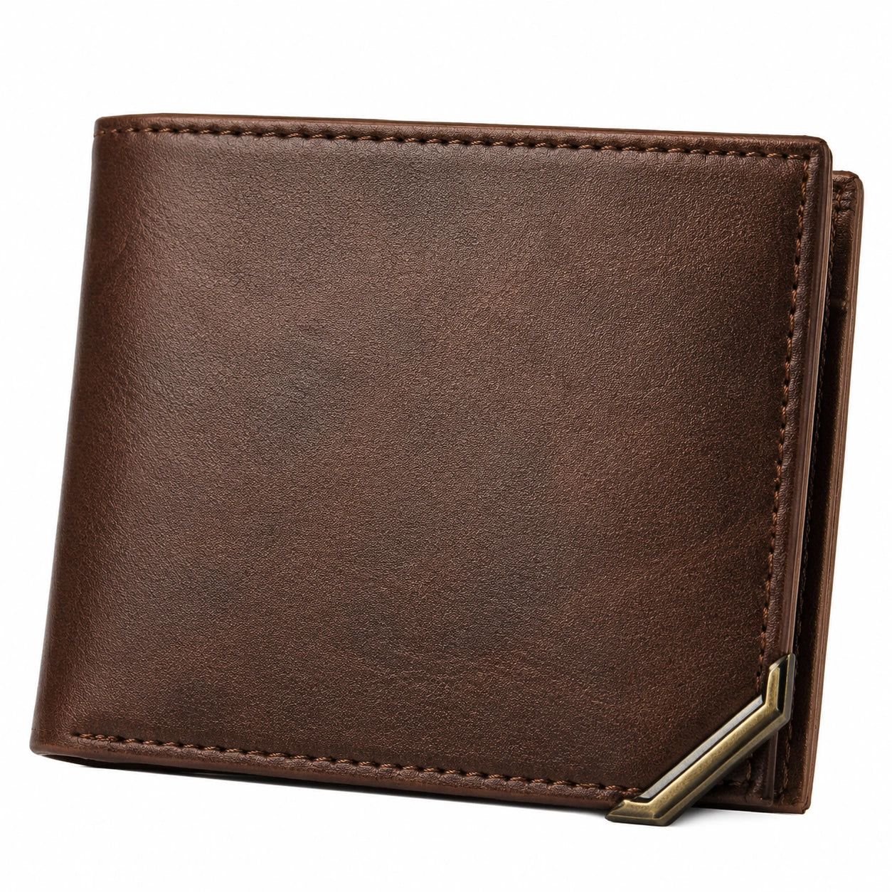 Cartera bifold marrón con esquina reforzada de metal