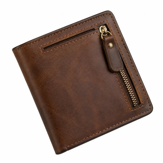 Cartera de Hombre Marrón con Cremallera y Compartimentos