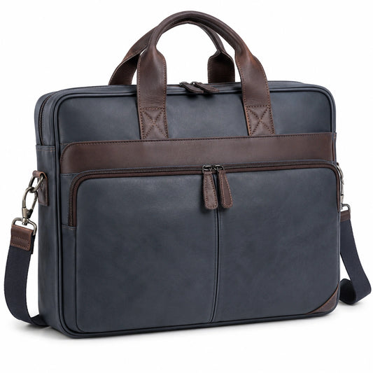 Maletín azul oscuro/marrón con correa ajustable para hombres