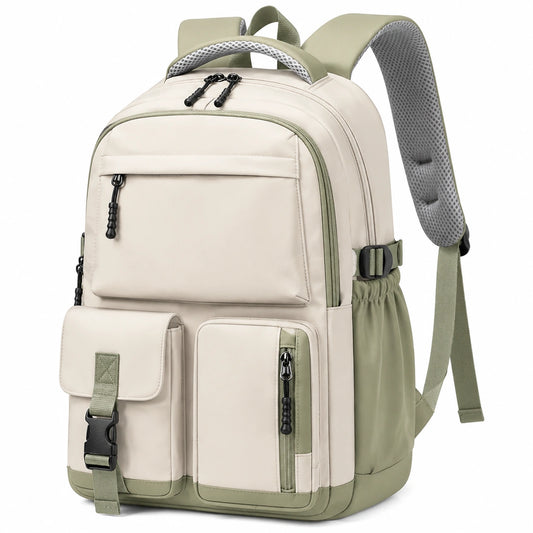 Mochila Escolar Impermeable Beige y Verde con Compartimentos Múltiples