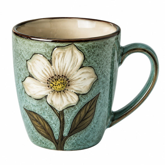 Taza de Cerámica Verde con Diseño Floral en Relieve 350ml