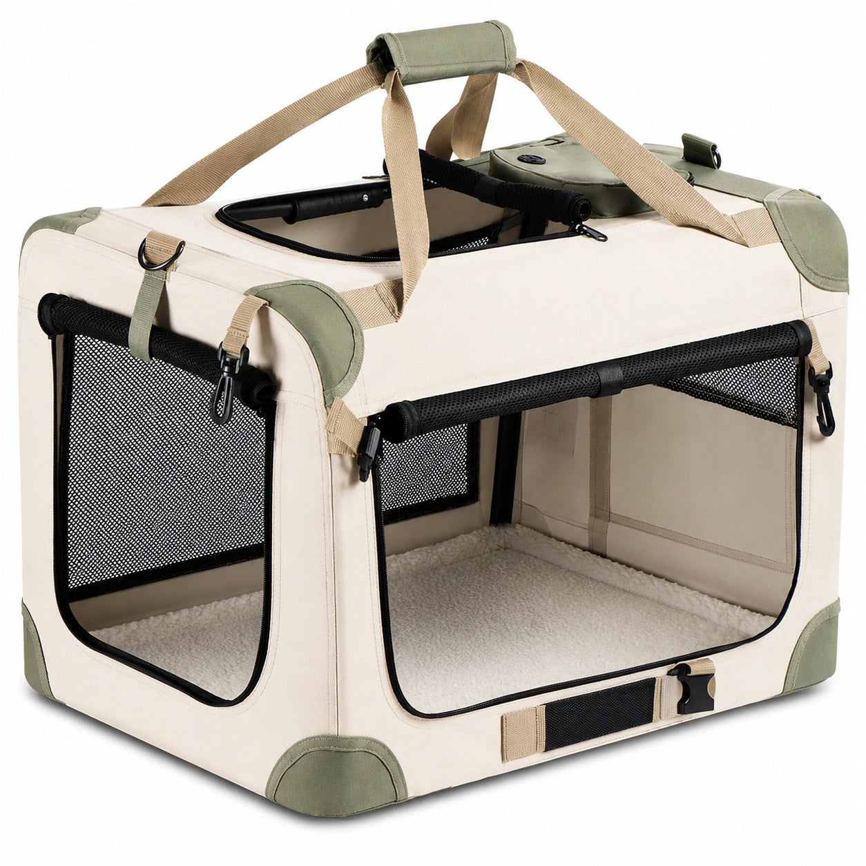 Jaula transportadora plegable para mascotas beige y verde