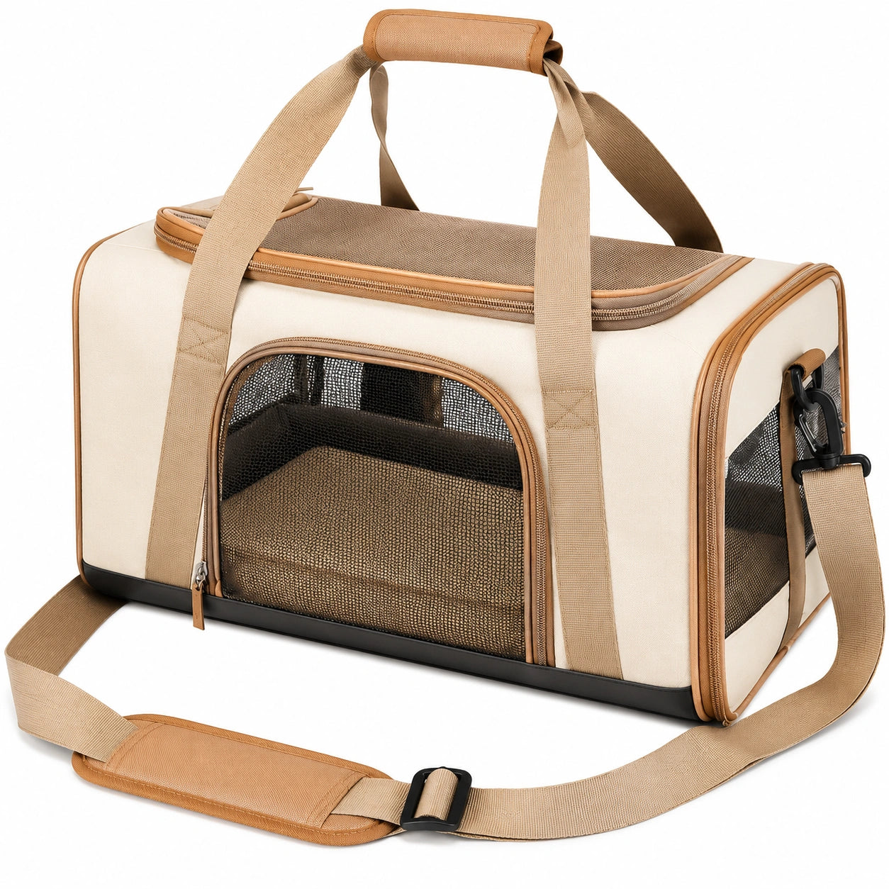 Transportadora para Mascotas Beige y Marrón con Correa Ajustable