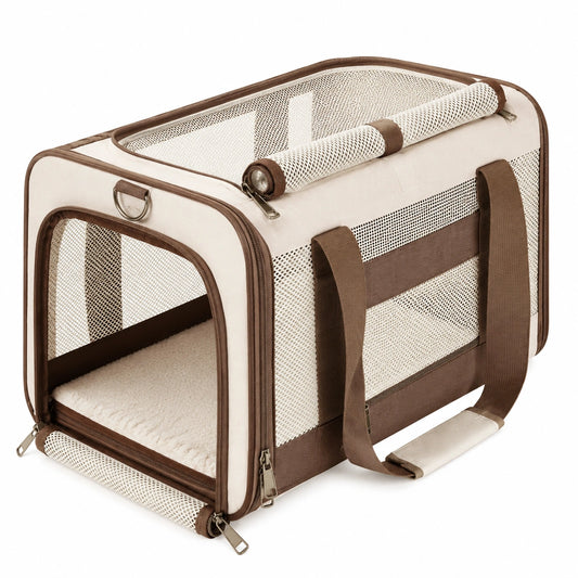Transportín Plegable para Mascotas con Ventilación y Cojín Desmontable Beige/Marrón