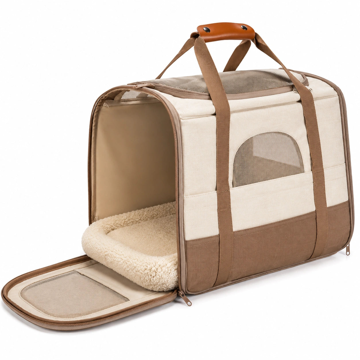 Transportín Portátil para Mascotas Beige y Marrón con Cojín Removible
