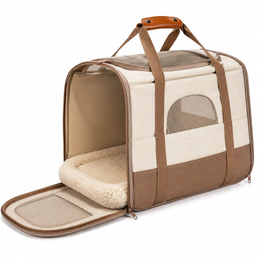 Transportín Portátil para Mascotas Beige y Marrón con Cojín Removible