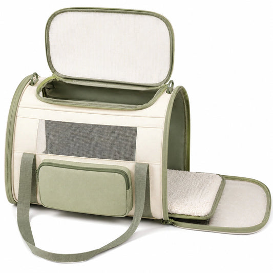 Transportín Plegable para Mascotas con Ventilación Beige/Oliva