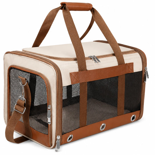 Transportín Plegable para Mascotas Ventilado Beige y Marrón